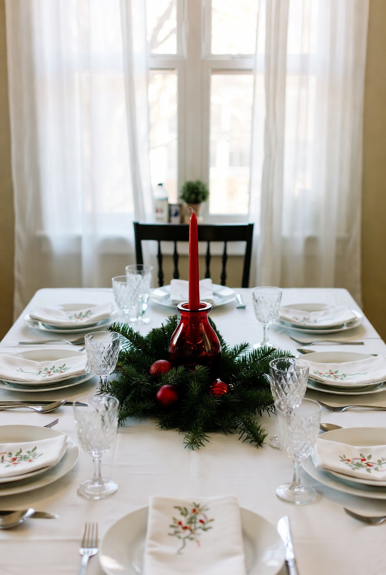 Traditional holiday dining table arrangement with festive centerpiece